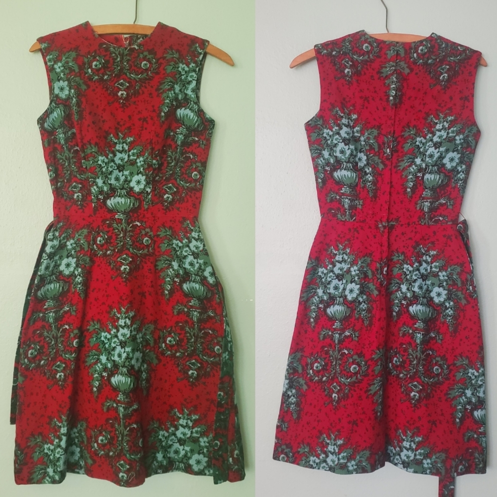 Vintage 60s Floral Toile Urn Garden Tapestry Linen Dress in Red & Green Sheath S - Picture 2 of 14